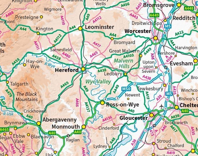 A road map of the Herefordshire and Wye Valley area, showing towns including Hereford, Ledbury, Ross-on-Wye and Worcester.